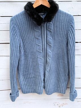 Designers Originals Blue Ribbed Zip Cardigan with Black Faux Fur Collar